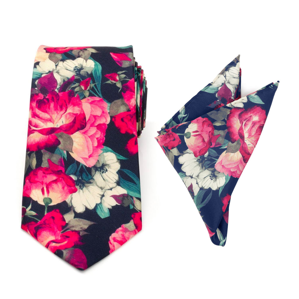 Painted Floral Navy Necktie and Pocket Square Gift Set