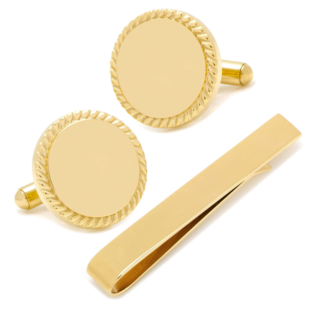 Engravable Gold Plated Rope Border Round Cufflinks and Tie Bar Gift Set