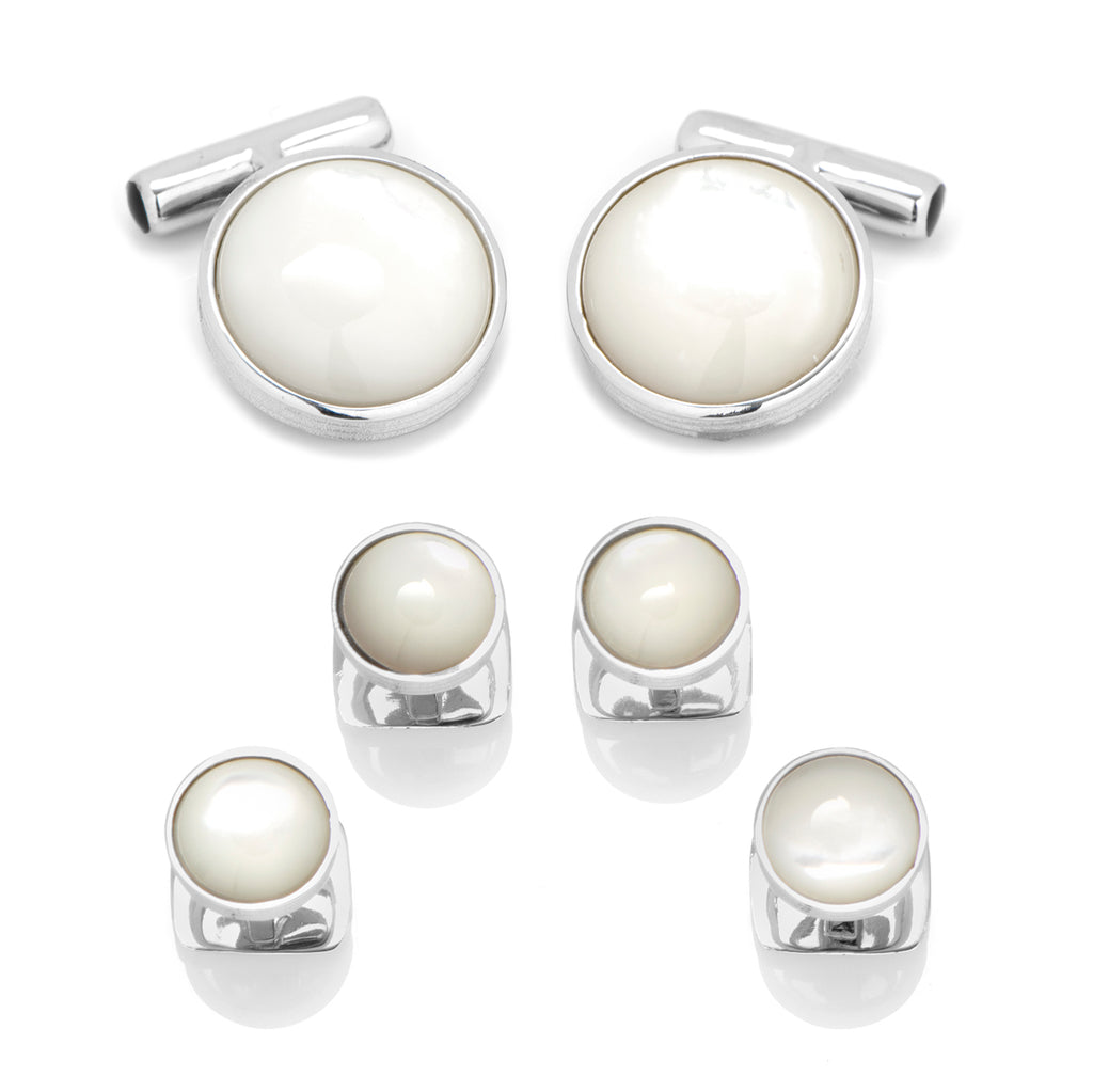 Sterling Silver Ribbed MOP Cufflinks and Stud Set