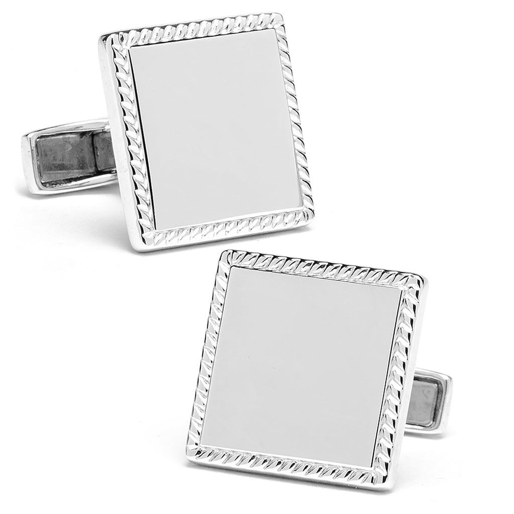 Sterling Silver Rope Border Square Engravable Cufflinks