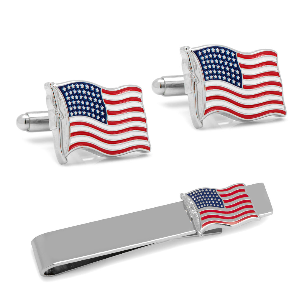 American Waving Flag Cufflinks and Tie Bar Gift Set