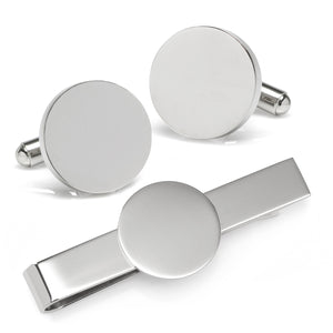 Engravable Round Infinity Cufflinks and Tie Bar Gift Set