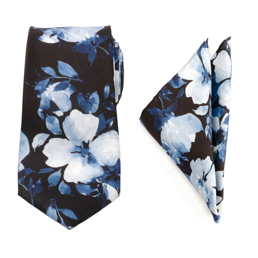 Painted Floral Blue Necktie and Pocket Square Gift Set