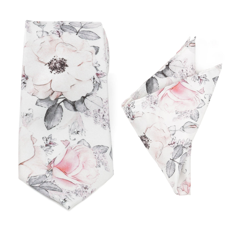 Painted Floral Gray Necktie and Pocket Square Gift Set