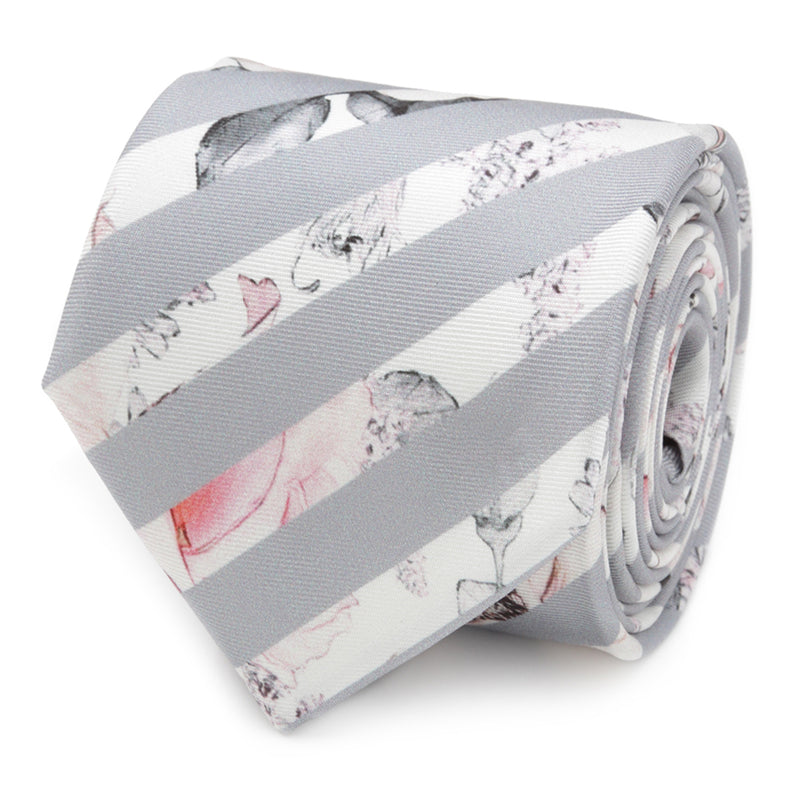Painted Floral Gray Stripe Silk Men's Tie