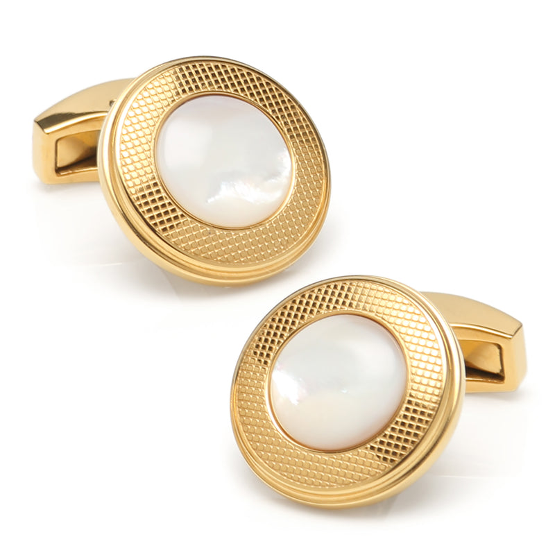 Mother of Pearl Round Gold Stainless Steel Cufflinks