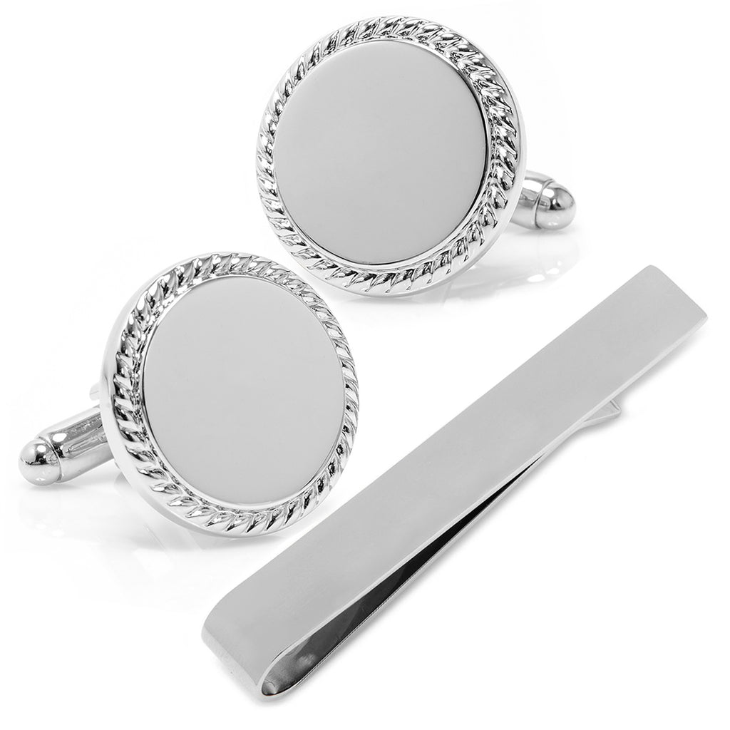 Engravable Rope Border Round Cufflinks and Tie Bar Gift Set