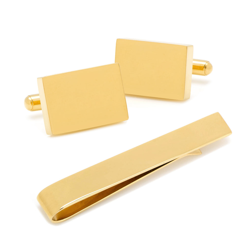 Engravable Rectangle Gold Cufflinks and Tie Bar Gift Set