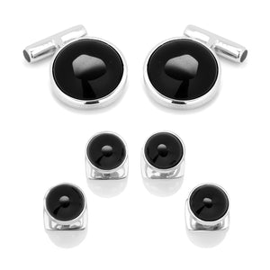 Sterling Silver Ribbed Onyx Cufflinks and Stud Set